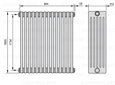 Схема (чертеж) Радиатор Zehnder Charleston 6180/14 №1270 Белый глянцевый RAL 9016